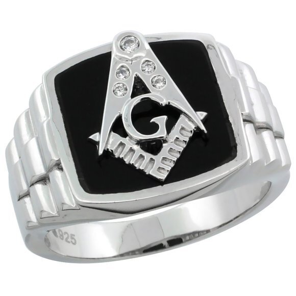 Mens Sterling Silver Black Onyx Masonic Ring Cz Stones  Rolex Style Sides